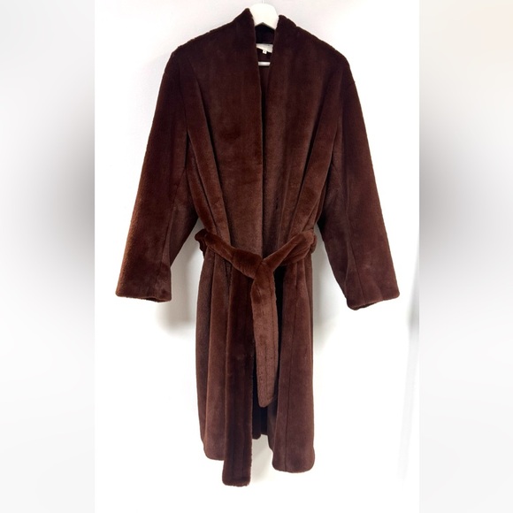 Vince Plush Long Coat in Mahogany. - Picture 9 of 14